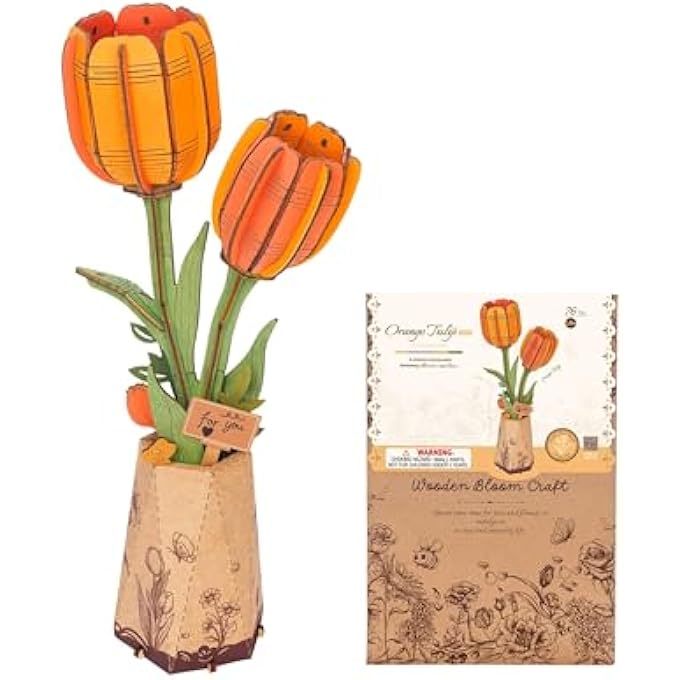 ORANGE TULIP 3D WOODEN PUZZLE, ARTIFICIAL FLOWERS MODEL KITS FOR ADULTS TO BUILD, CREATIVE HOME DECOR, ACCESSORIES LIVING ROOM, GIFTS FOR WOMEN ON VALENTINE'S DAY, FLOWER BOUQUET - Image 1